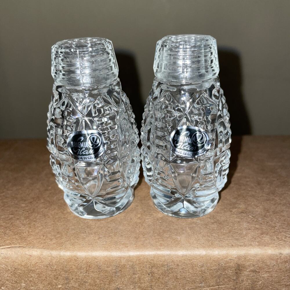 Vintage Set of Bohemia Crystal Clear Salt & Pepper Shaker Czechoslovakia